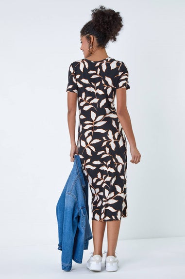 Roman Dusk Black Leaf Print Midi Stretch Dress