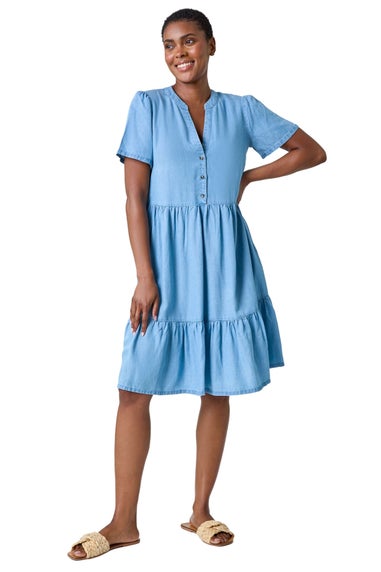Roman Light Denim Denim Tiered Smock Dress