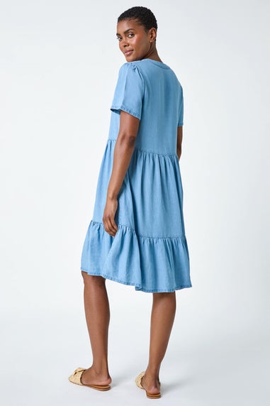 Roman Light Denim Denim Tiered Smock Dress