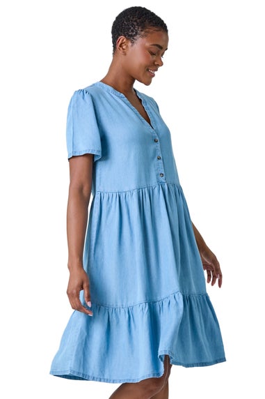 Roman Light Denim Denim Tiered Smock Dress