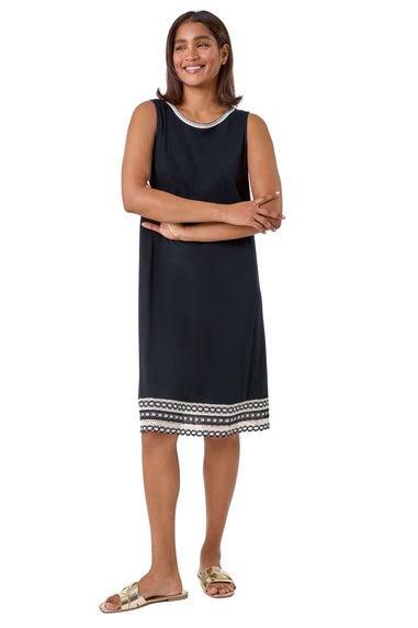 Roman Black Embroidered Trim Stretch Jersey Shift Dress