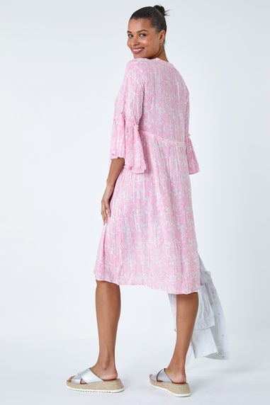 Roman Pink Leaf Print Shimmer Smock Dress