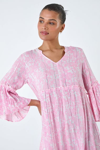 Roman Pink Leaf Print Shimmer Smock Dress