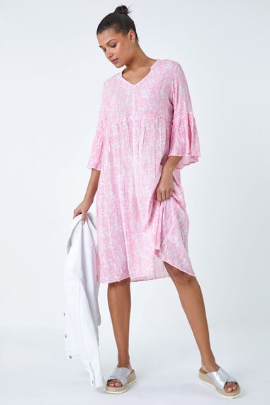 Roman Pink Leaf Print Shimmer Smock Dress