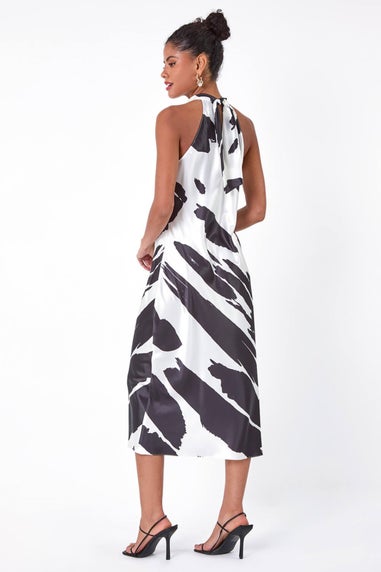 Roman Dusk Black Satin Abstract Print Halterneck Dress