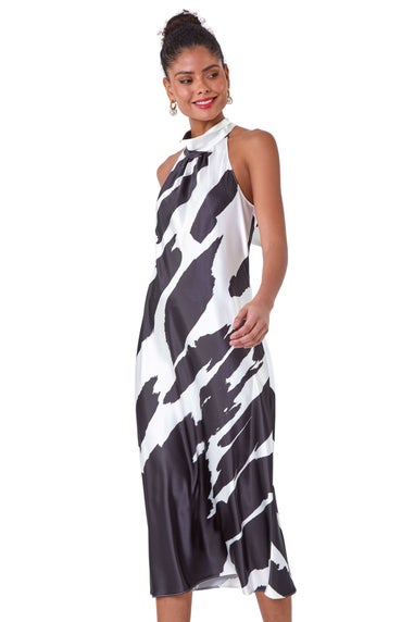 Roman Dusk Black Satin Abstract Print Halterneck Dress