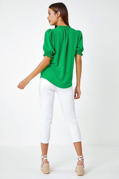 Roman Green Frill Neck Plain Tie Detail Top