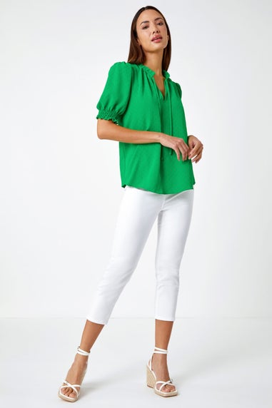 Roman Green Frill Neck Plain Tie Detail Top