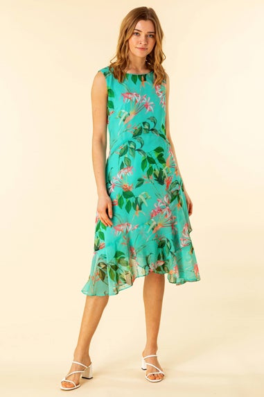 Roman Turquoise Tropical Print Chiffon Dress