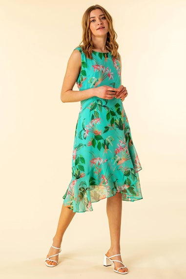 Roman Turquoise Tropical Print Chiffon Dress