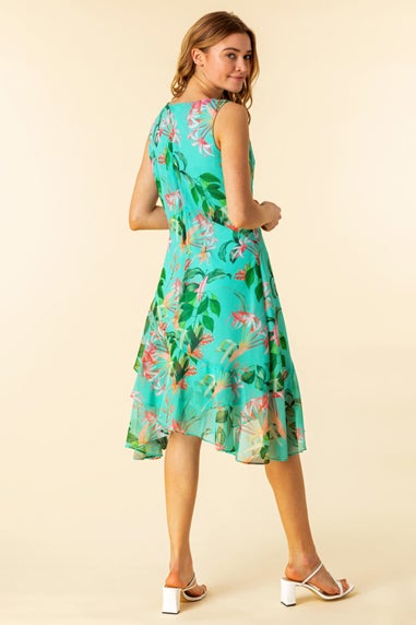 Roman Turquoise Tropical Print Chiffon Dress