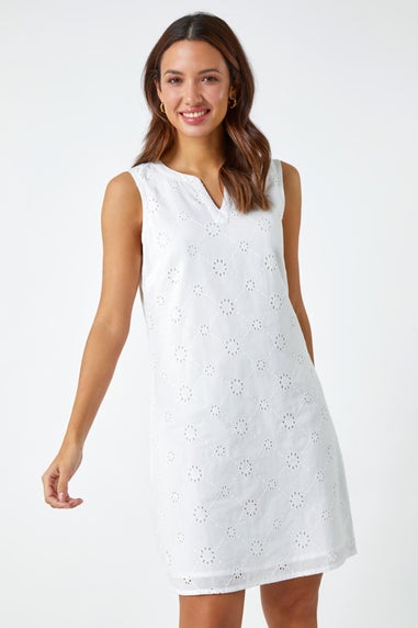 Roman White Embroidered Cotton Shift Dress