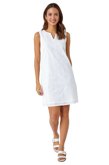 Roman White Embroidered Cotton Shift Dress