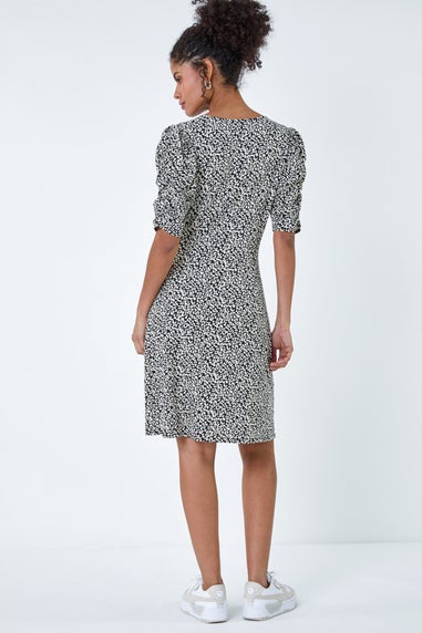 Roman Dusk Black Ditsy Floral Ruched Puff Sleeve Dress