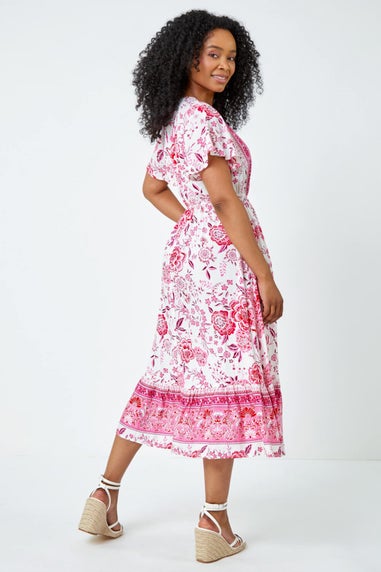 Roman Petite Pink Petite Floral Print Tiered Boho Dress