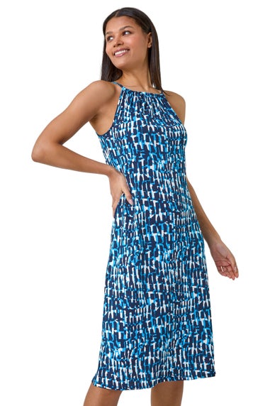 Roman Blue Abstract Print Halter Neck Stretch Dress