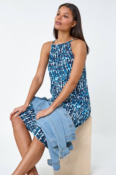 Roman Blue Abstract Print Halter Neck Stretch Dress