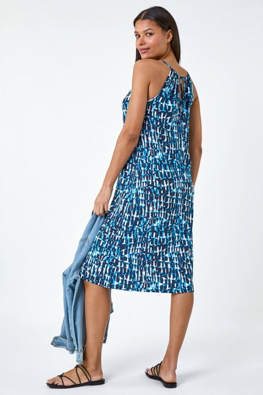 Roman Blue Abstract Print Halter Neck Stretch Dress