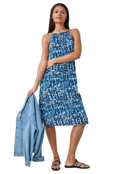 Roman Blue Abstract Print Halter Neck Stretch Dress