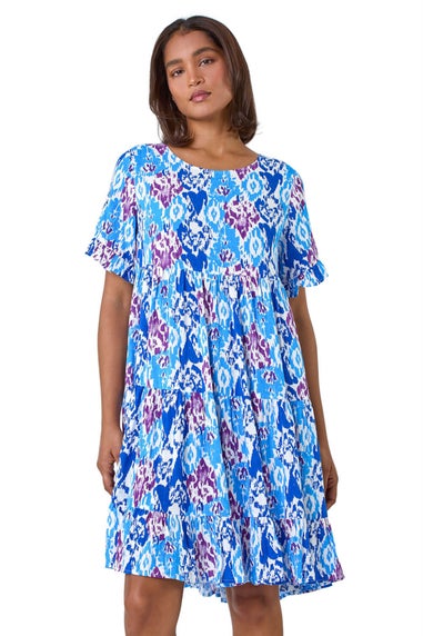 Roman Blue Aztec Print Tiered Smock Dress