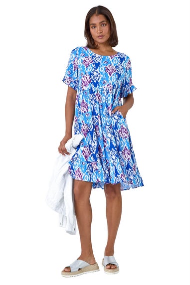 Roman Blue Aztec Print Tiered Smock Dress