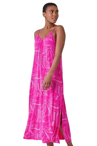 Roman Fuchsia Abstract Stretch Jersey Pocket Midi Dress