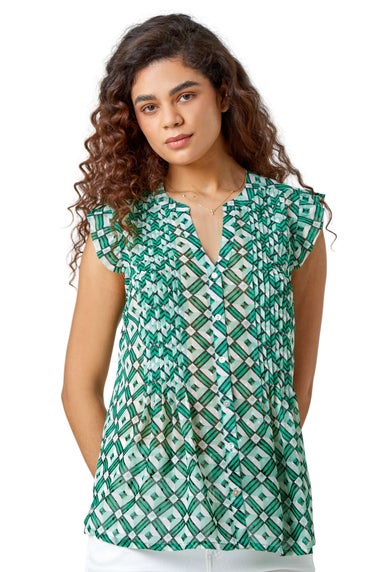 Roman Green Frill Sleeve Geometric Print V-Neck Blouse