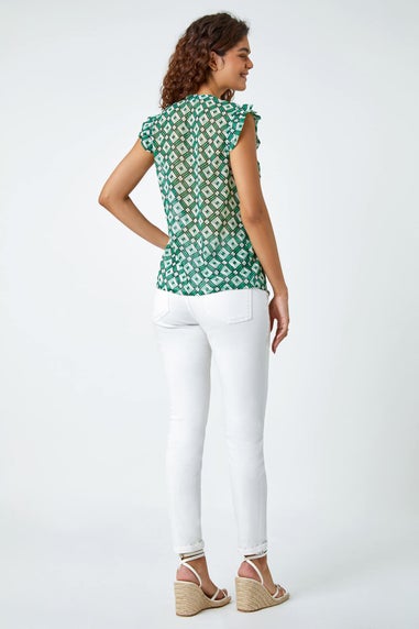 Roman Green Frill Sleeve Geometric Print V-Neck Blouse