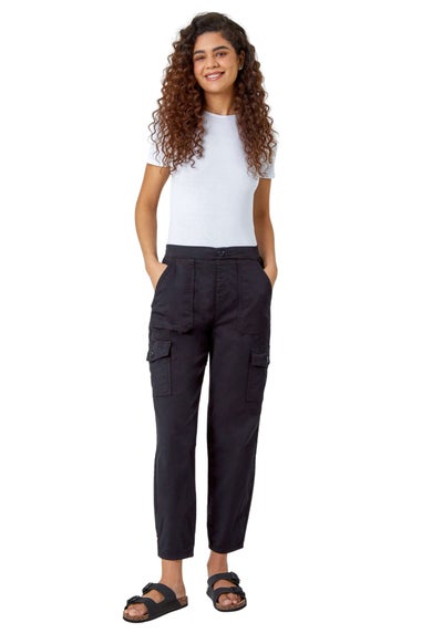 Roman Black Casual Elastic Waist Cargo Stretch Trousers