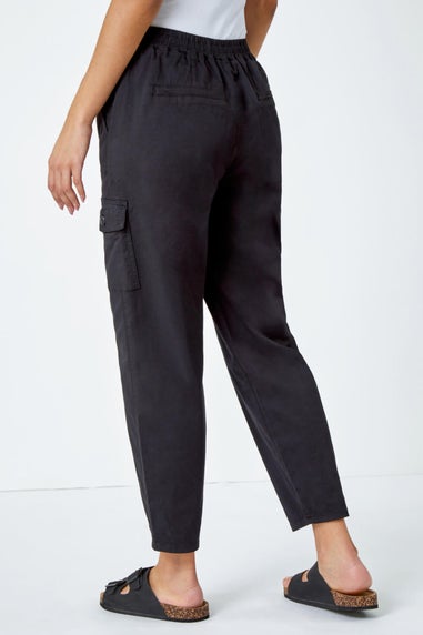 Roman Black Casual Elastic Waist Cargo Stretch Trousers