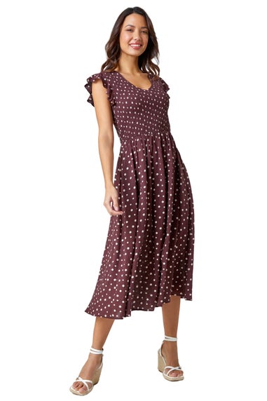 Roman Chocolate Cotton Blend Polka Dot Midi Dress