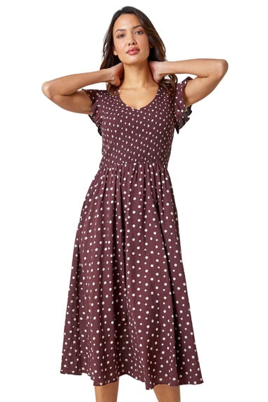 Roman Chocolate Cotton Blend Polka Dot Midi Dress