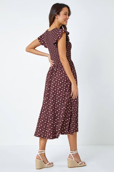 Roman Chocolate Cotton Blend Polka Dot Midi Dress