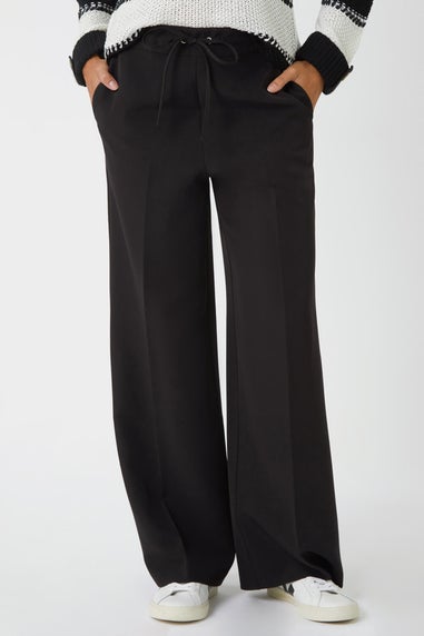 Roman Black Wide Leg Elastic Waist Tie Front Trouser