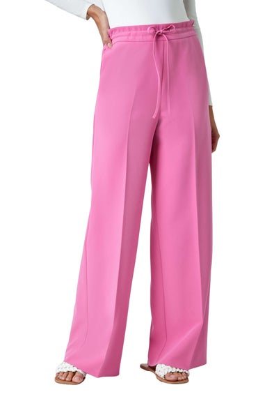 Roman Light Pink Wide Leg Elastic Waist Tie Front Trouser