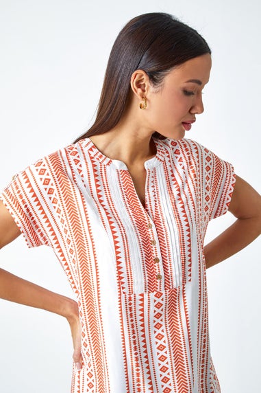 Roman Red Aztec Print Button V-Neck Detail Top