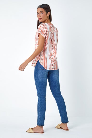 Roman Red Aztec Print Button V-Neck Detail Top