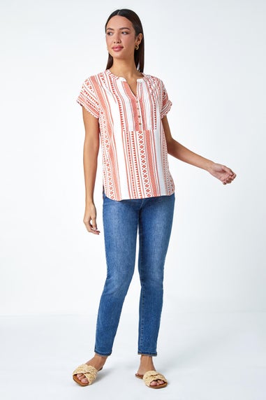 Roman Red Aztec Print Button V-Neck Detail Top