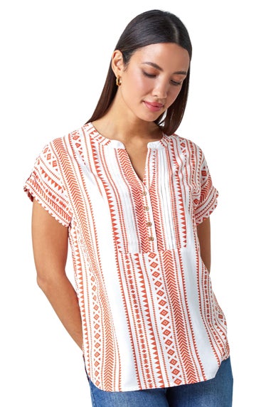 Roman Red Aztec Print Button V-Neck Detail Top