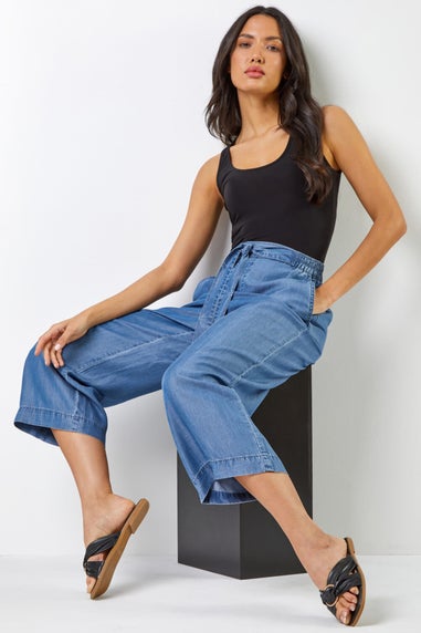 Roman Denim Waist Tie Detail Culottes