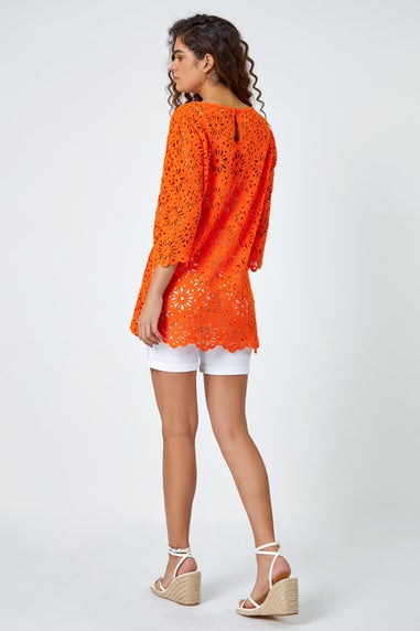 Roman Orange Floral Cotton Crochet Tunic Top