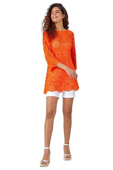 Roman Orange Floral Cotton Crochet Tunic Top