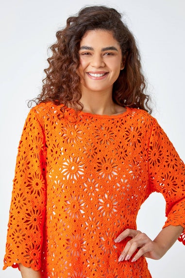 Roman Orange Floral Cotton Crochet Tunic Top