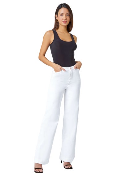 Roman White Cotton Blend Wide Leg Stretch Jeans