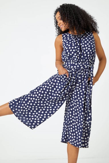 Roman Navy Petite Polka Dot Cropped Jumpsuit