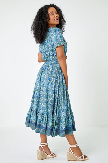 Roman Petite Blue Petite Paisley Print Frill Hem Midi Dress