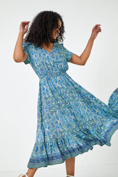 Roman Petite Blue Petite Paisley Print Frill Hem Midi Dress