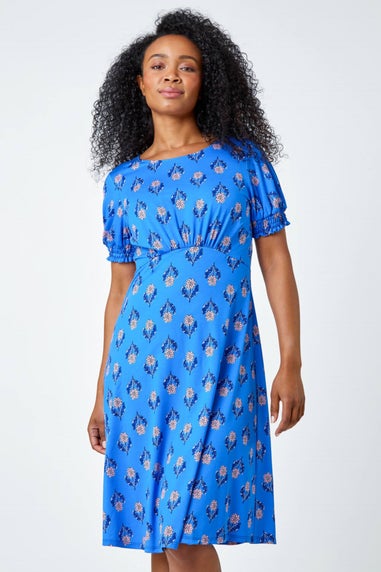 Roman Petite Blue Floral Empire Stretch Dress