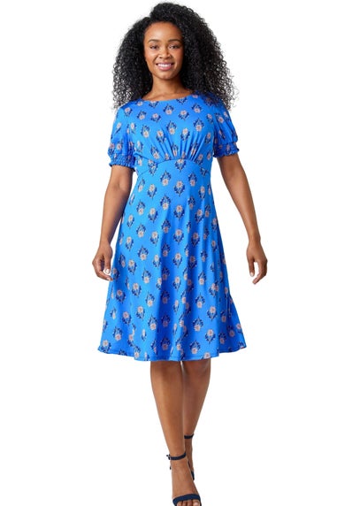 Roman Petite Blue Floral Empire Stretch Dress