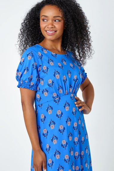 Roman Petite Blue Floral Empire Stretch Dress